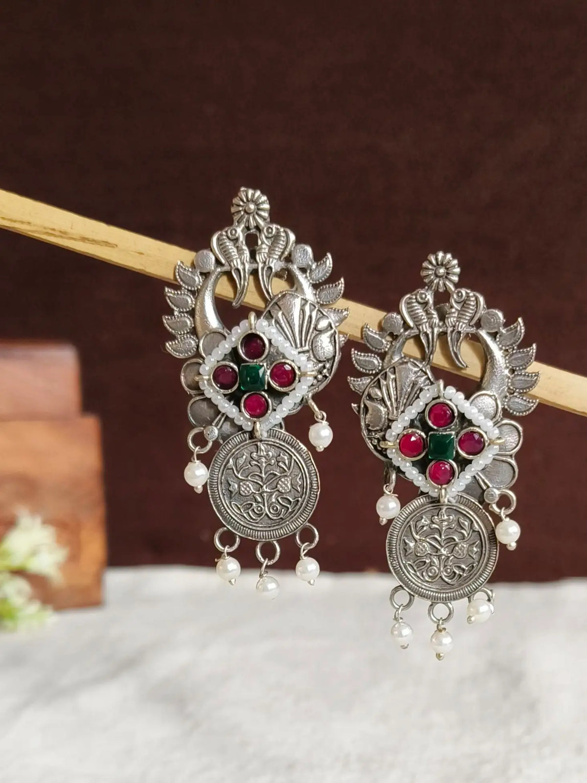 Silver oxidized Peacock Coin motifs Earrings | AMOLA