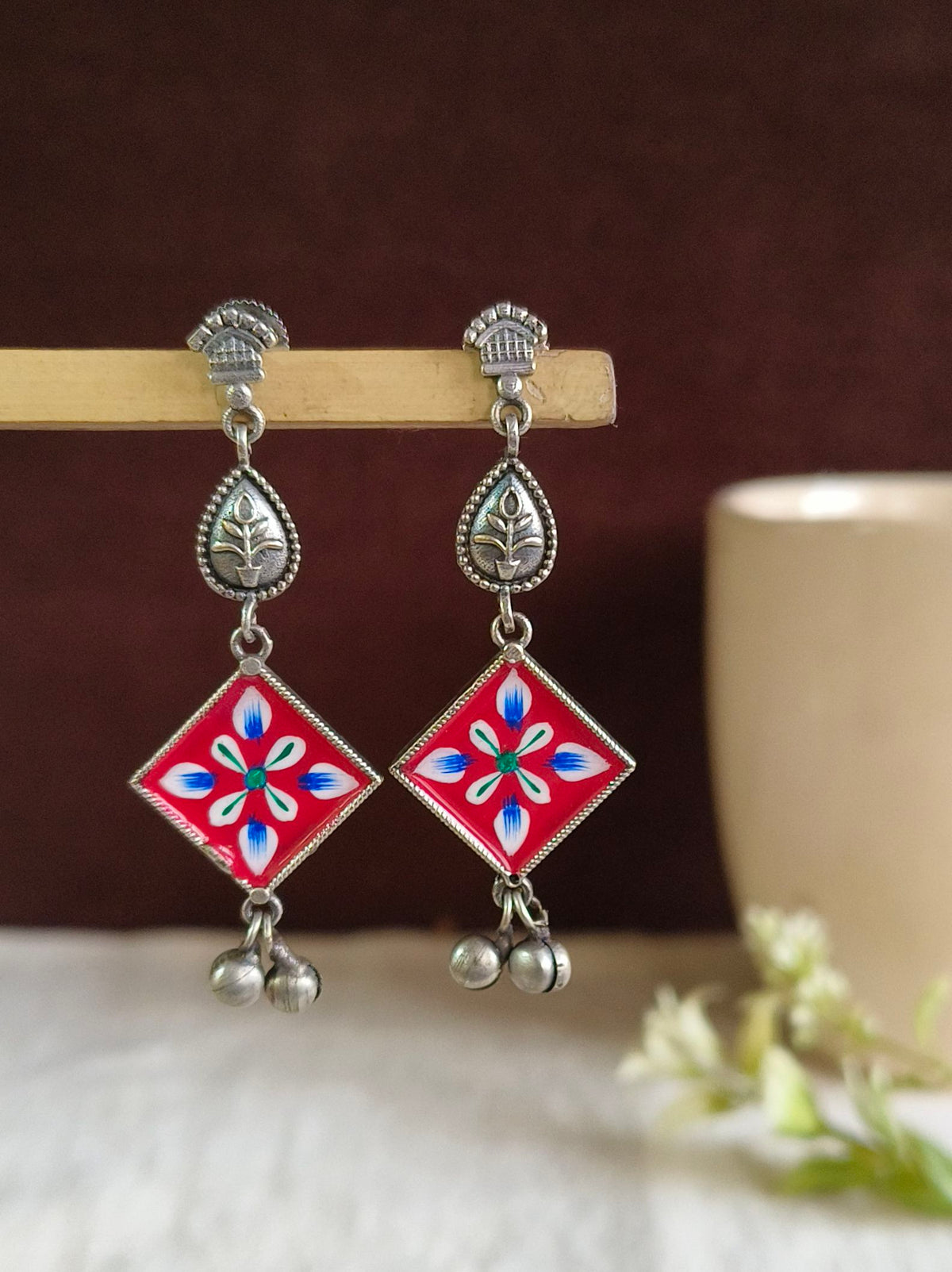 Hand Painted Oxidised Silver Enamel Earrings | AMOLA