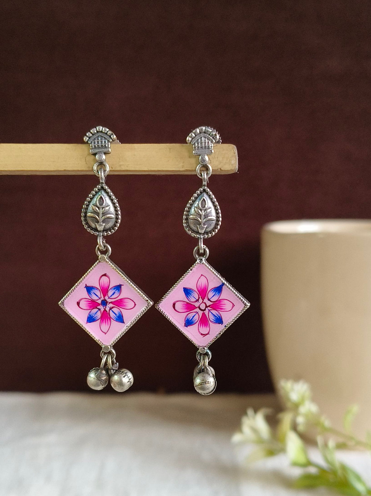 Hand Painted Oxidised Silver Enamel Earrings | AMOLA