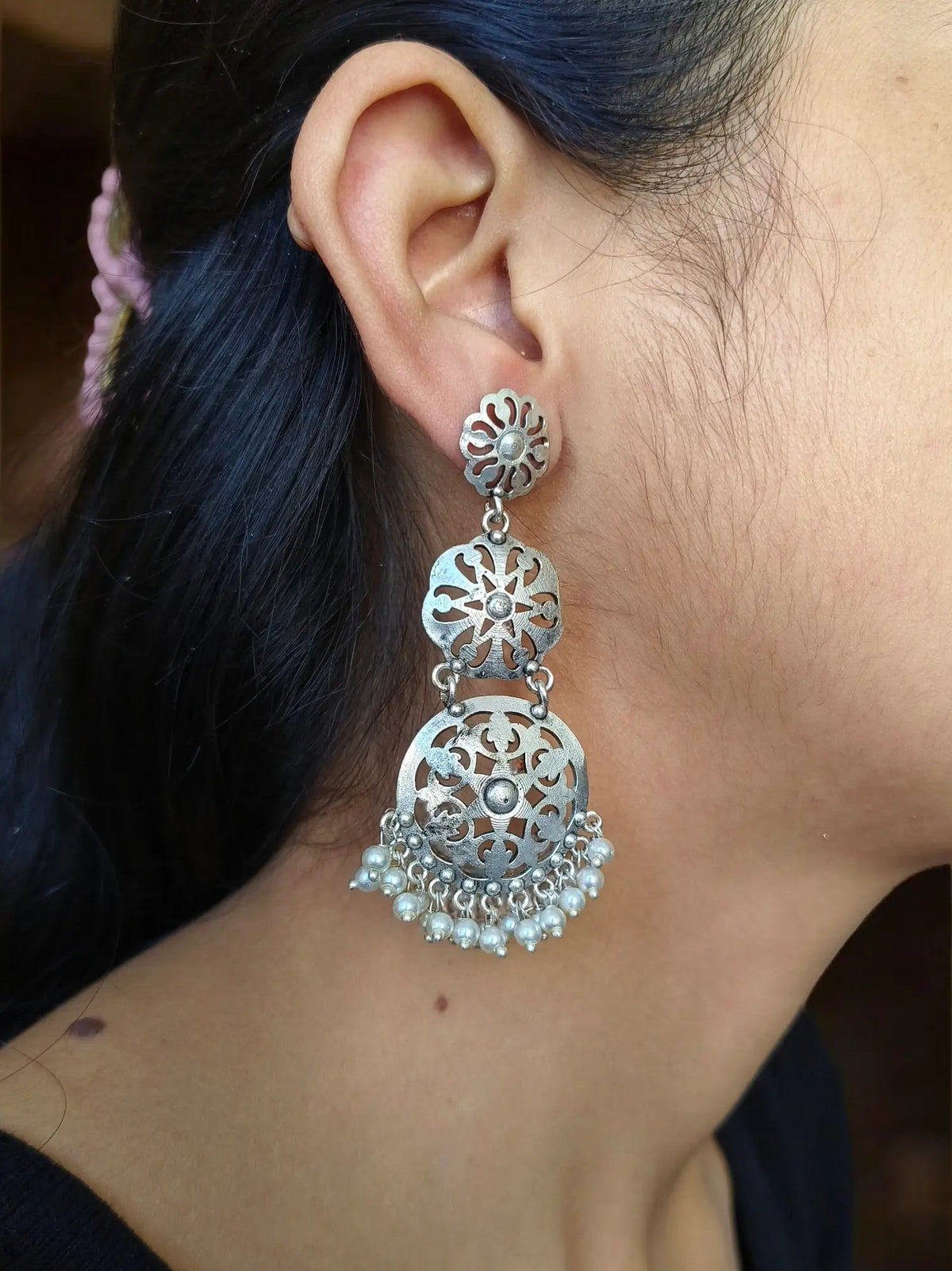 Trendy 925 Silver Plated Three-Line Pearl Drops Dangler Earrings | AMOLA
