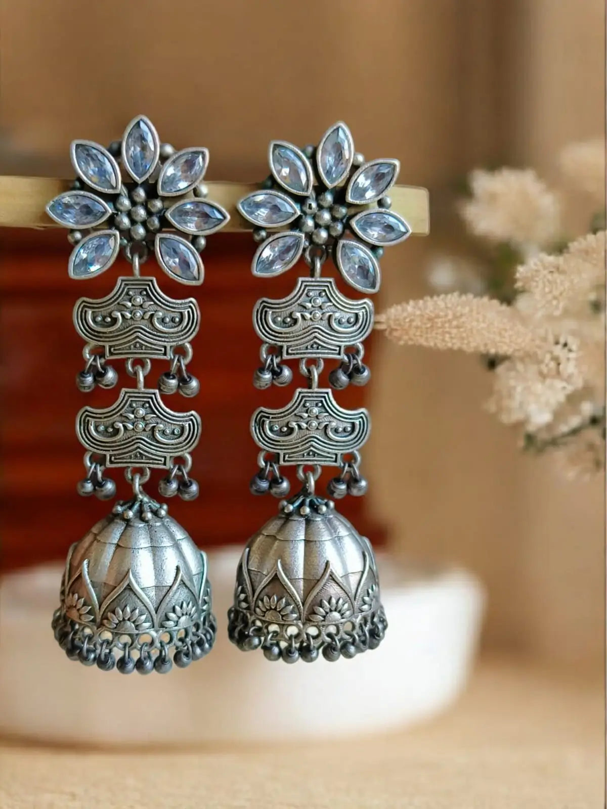 Elegant Silver Look-Alike Jhumka Earrings | AMOLA