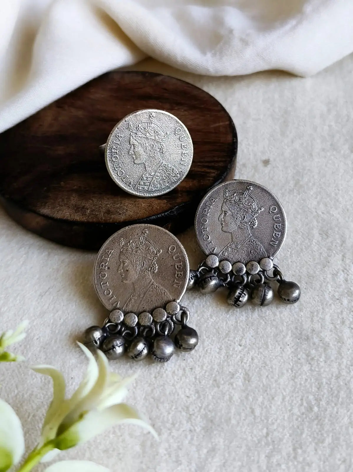 Antique Silver Coin Stud & Ring Set | AMOLA