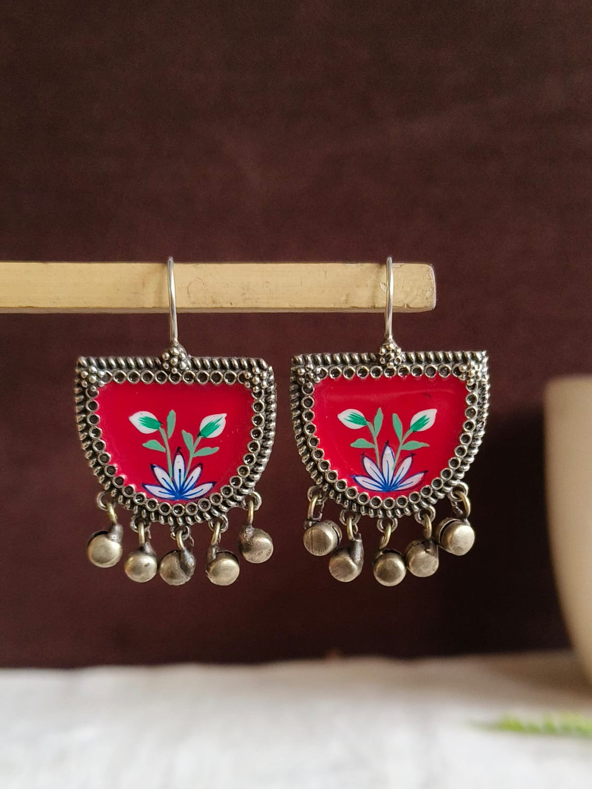 Hand-Painted Meenakari Oxidized Hook Earrings