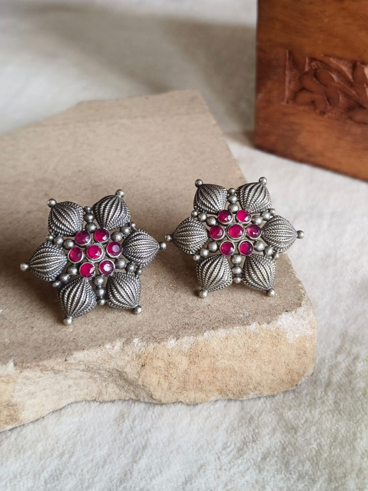 Oxidized Silver Plated Floral Stud Earring | AMOLA