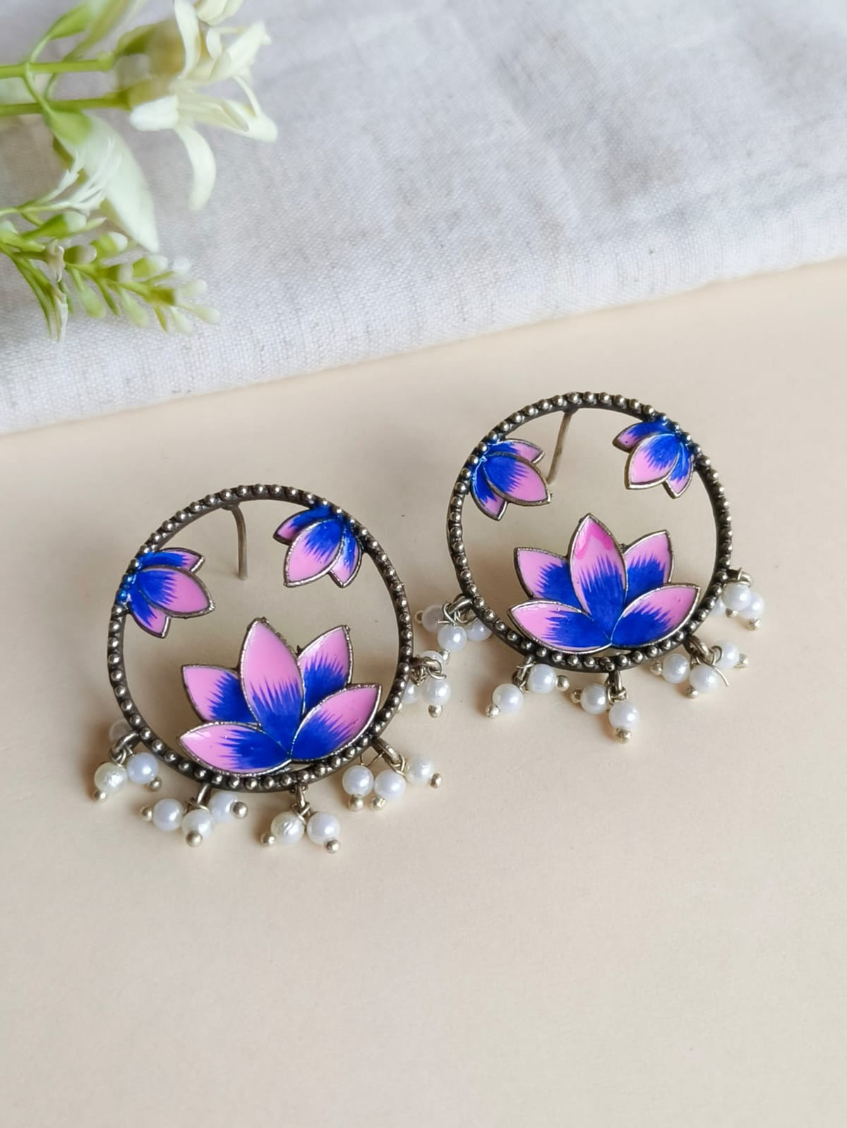 Hand painted Oxidized Flower Studs | AMOLA
