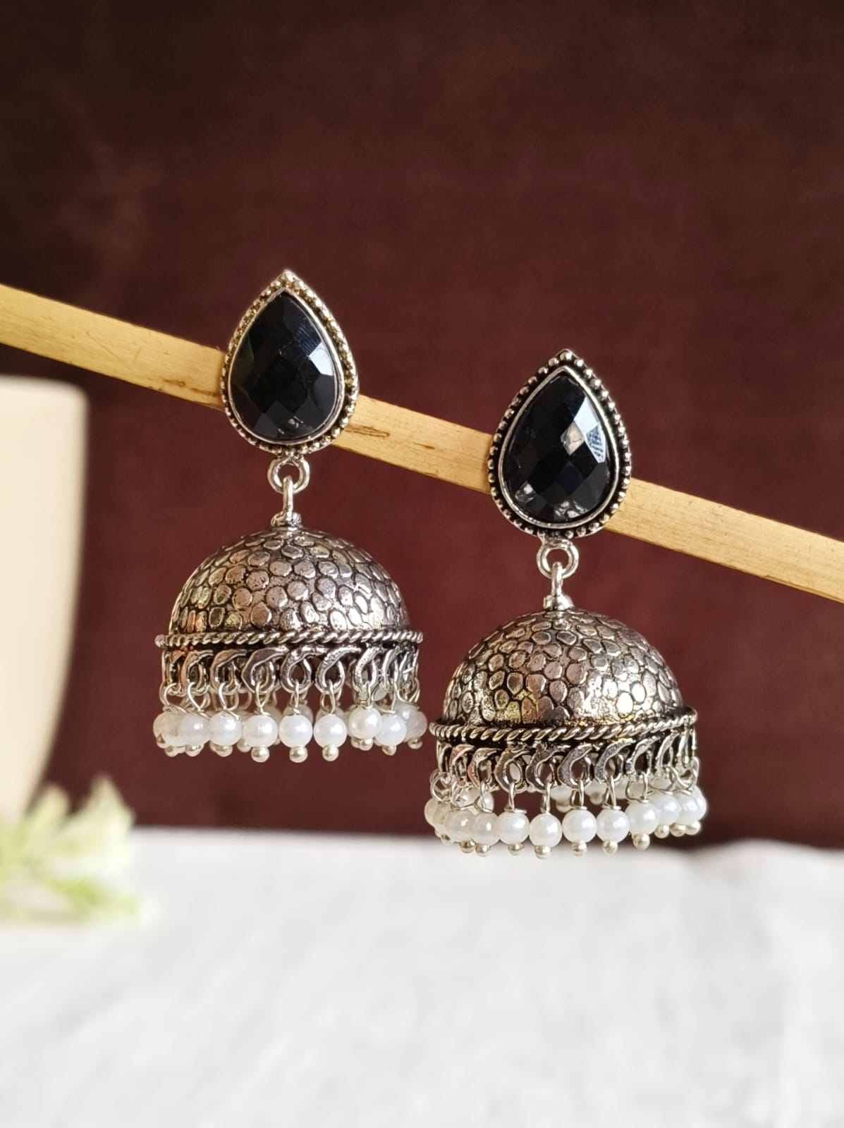 German Silver Oxidised Pan Pearl Jhumka Earrings for Tradition | AMOLA