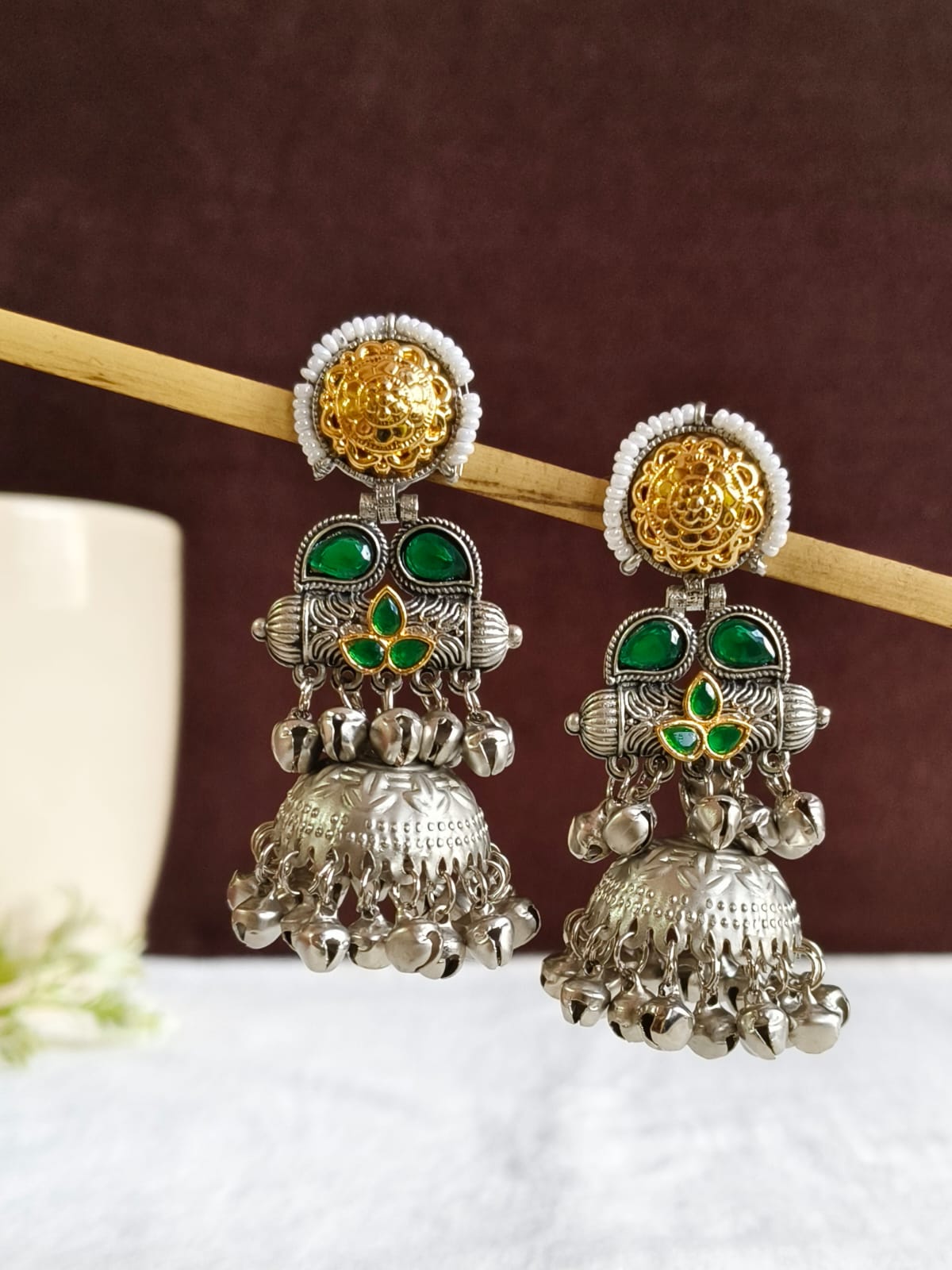 Dual Tone Oxidised Silver Jhumka Earrings | AMOLA