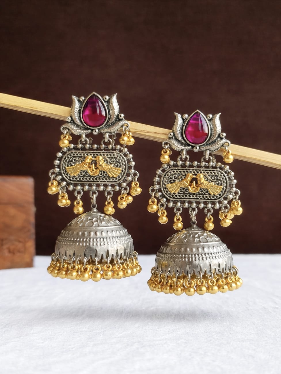 Dual Tone Ghungroo Beaded Dome Jhumkas | AMOLA
