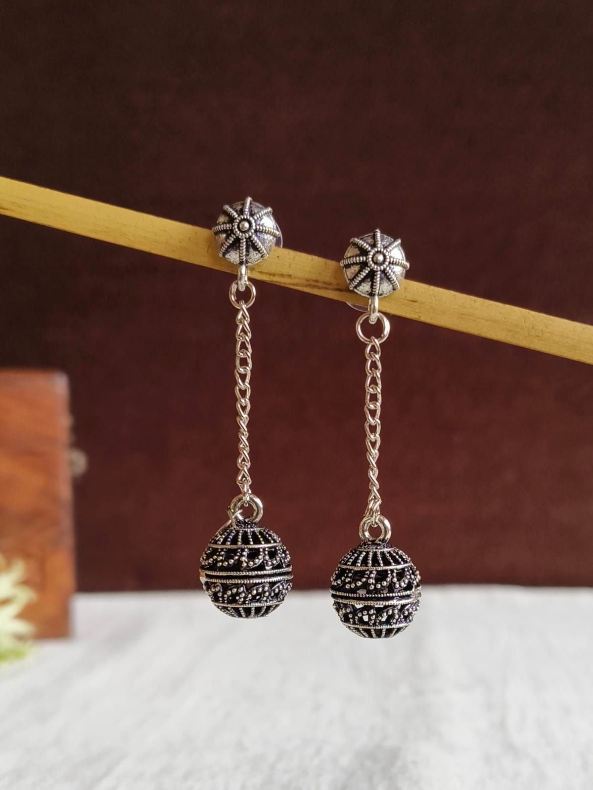 Ornate Silver Ball Charm Dangler Earrings | AMOLA