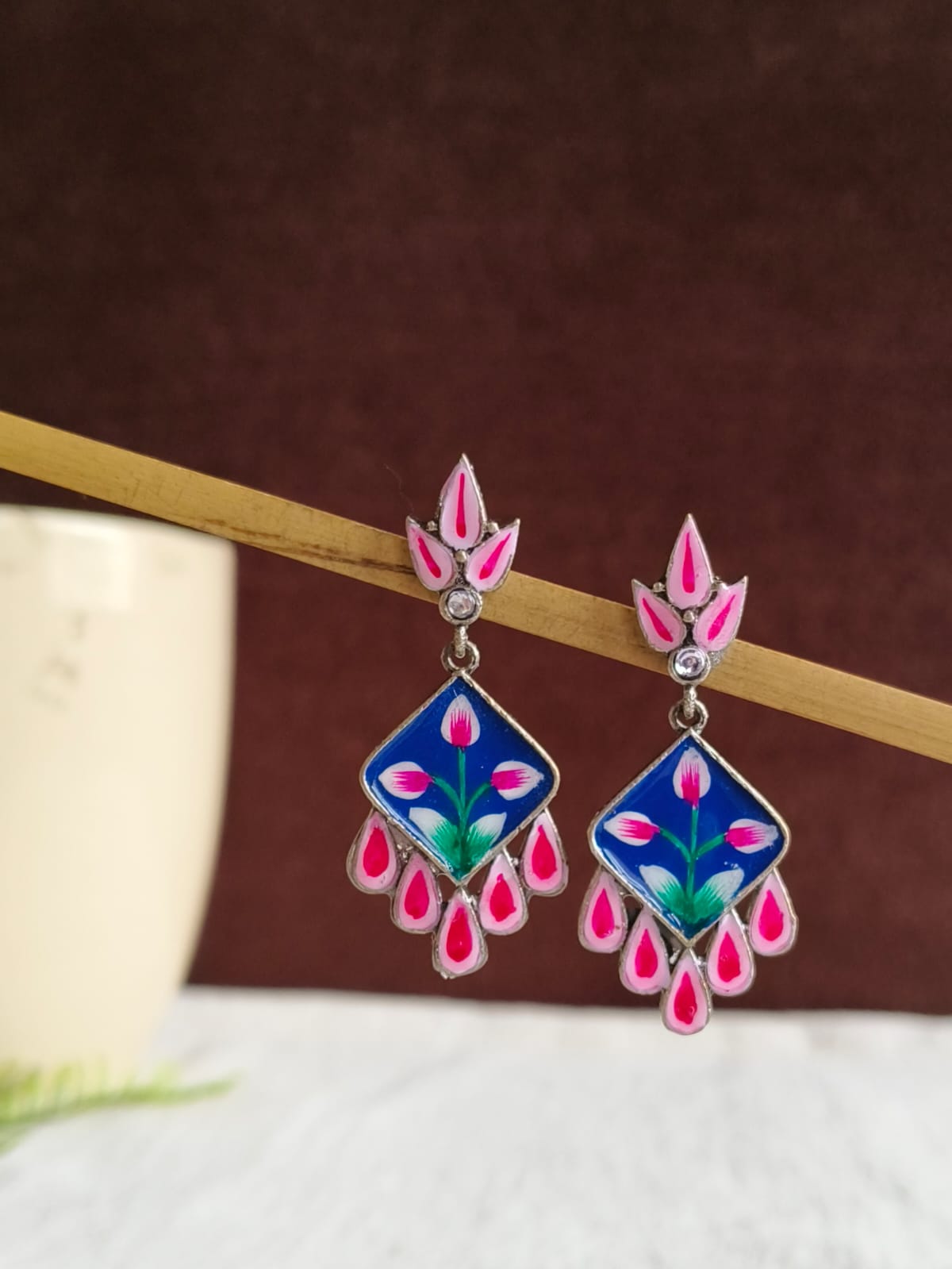 Hand-Painted Floral Oxidized Silver Earrings | AMOLA