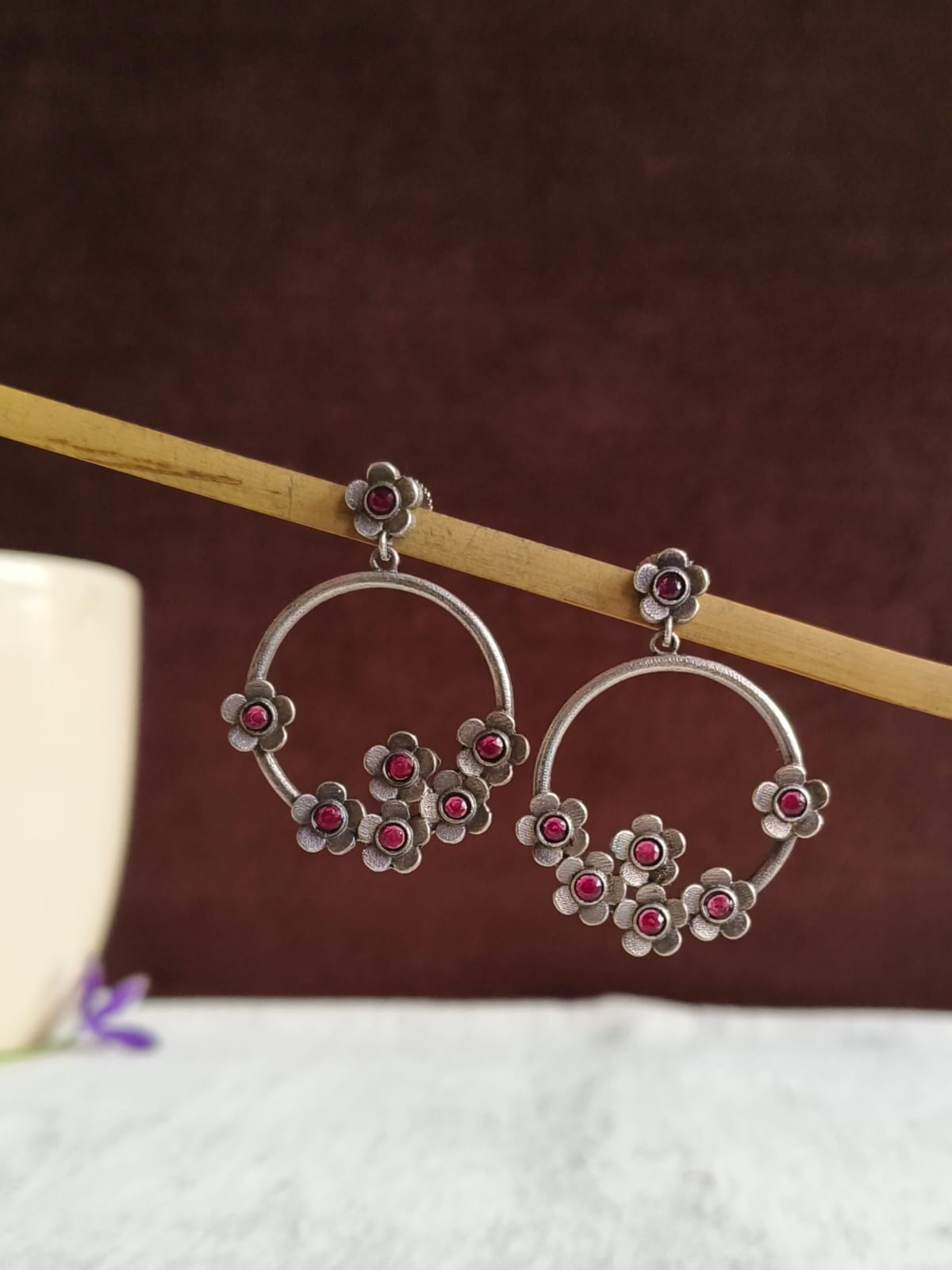 Floral Oxidized Silver Drop Earrings | AMOLA