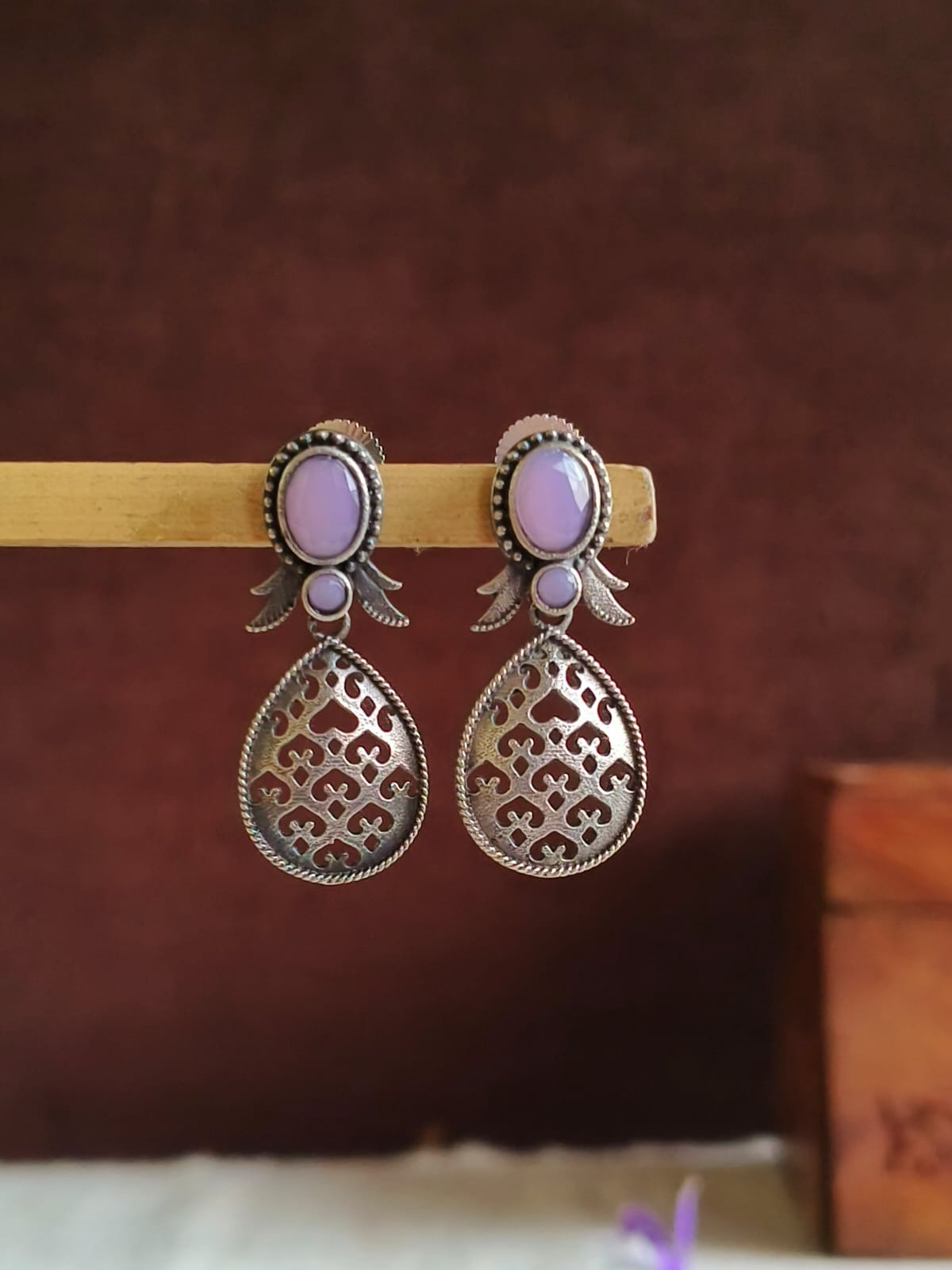 Antique Oxidized Silver Pink Ruby Drop Earrings | AMOLA
