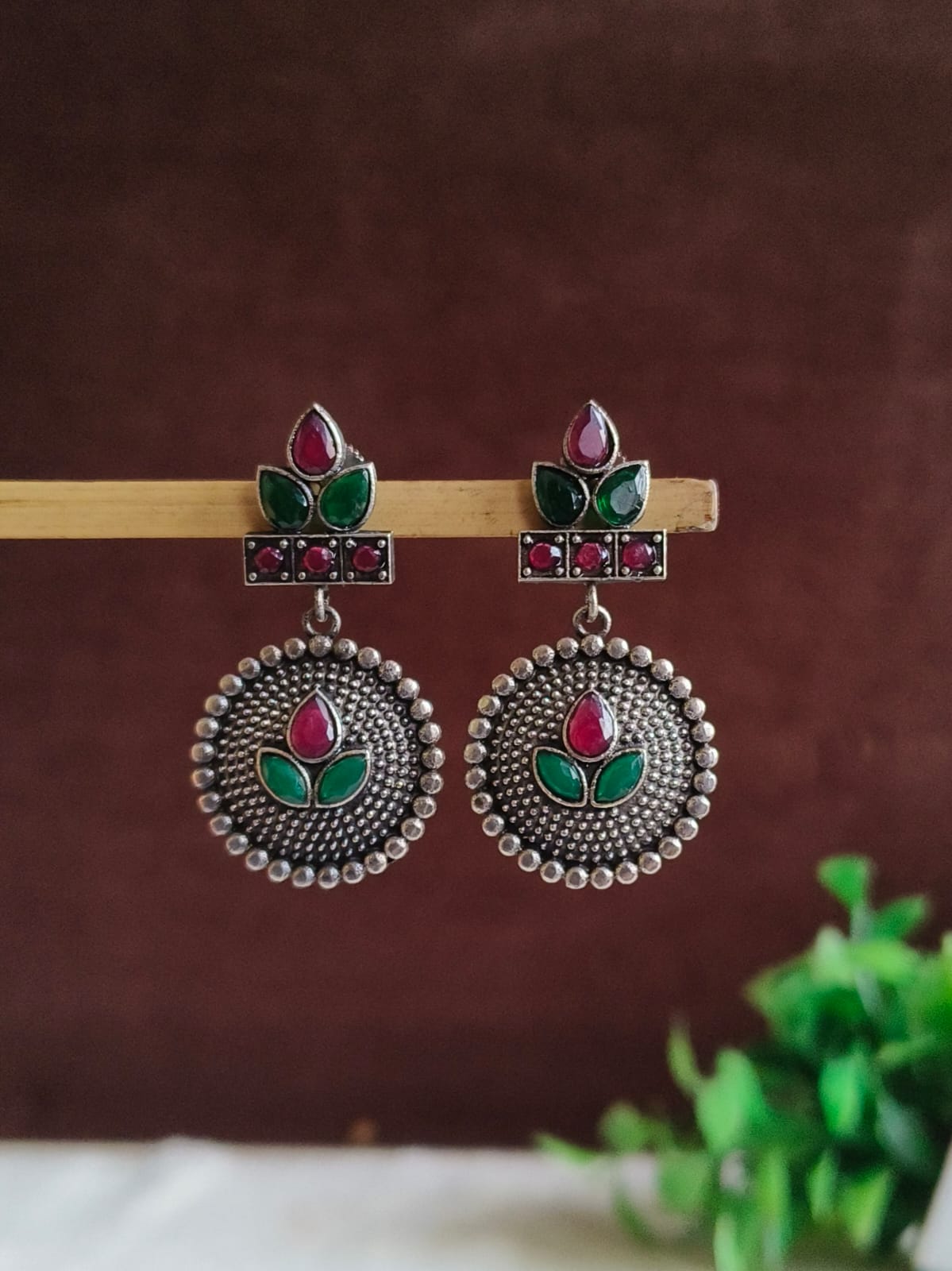Silver Oxidized Stone Ethnic Drop Earrings | AMOLA