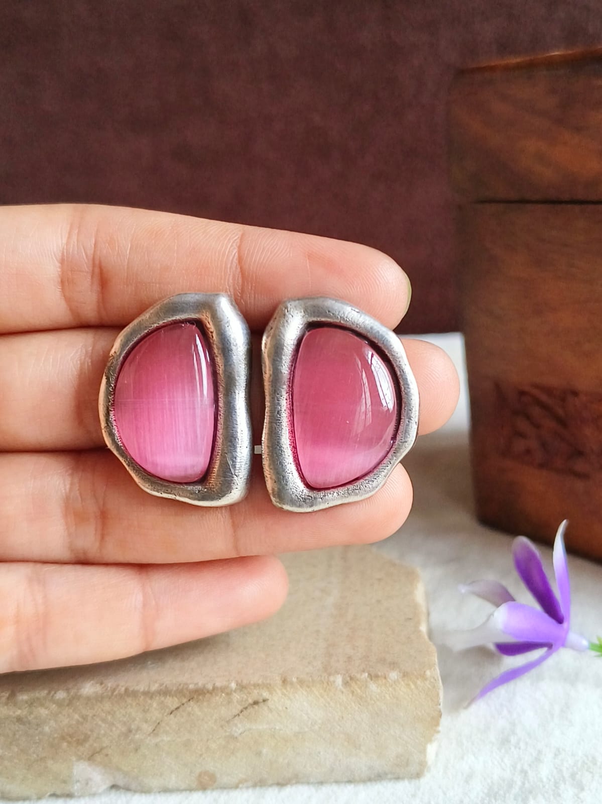 Monalisa Pink Stone Oxidized Stud Earrings | AMOLA
