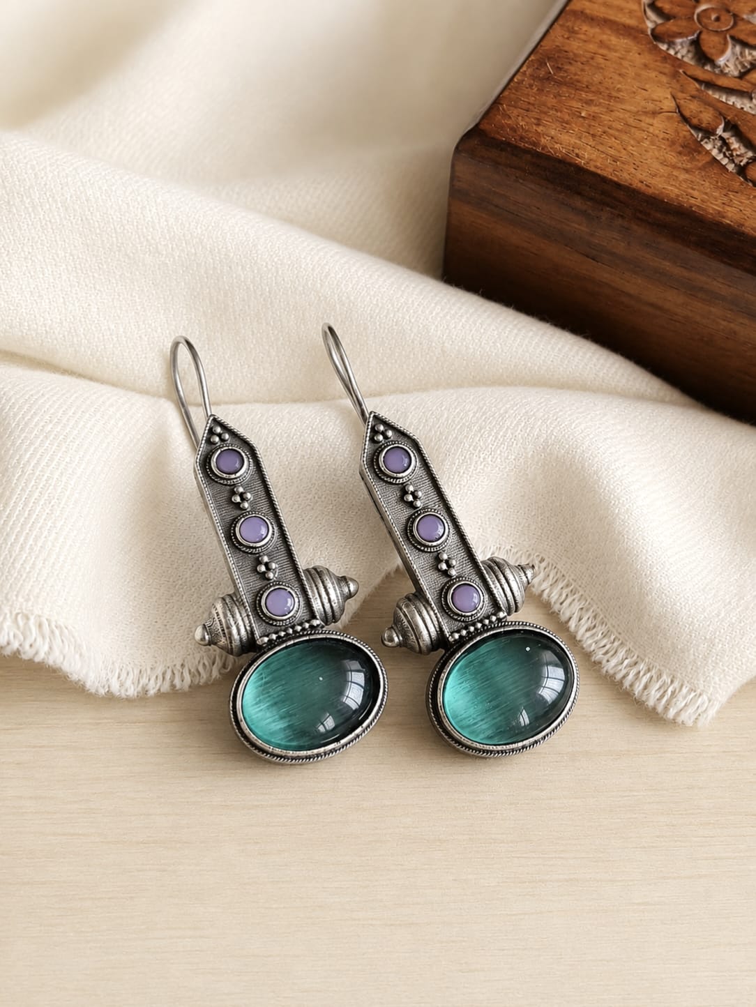 Antique Oxidized Oval Stone Hook Earrings | AMOLA