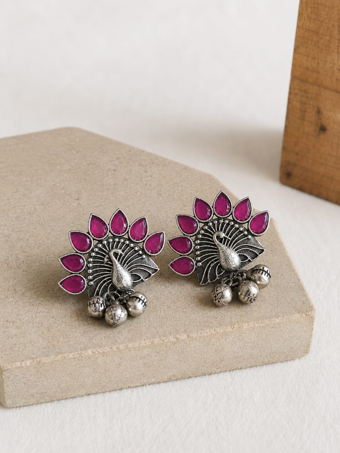 Oxidized Silver Peacock Stone Ghungroo Stud | AMOLA