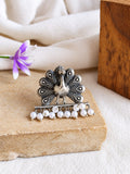 Silver Oxidized Peacock Ring with Pearls