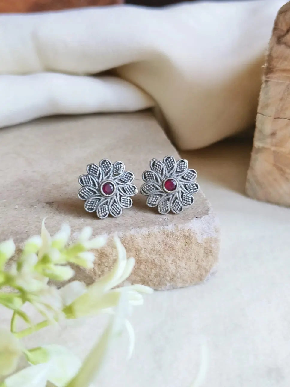 Silver Polish Oxidized Floral Stud Earrings for Casual Chic | AMOLA