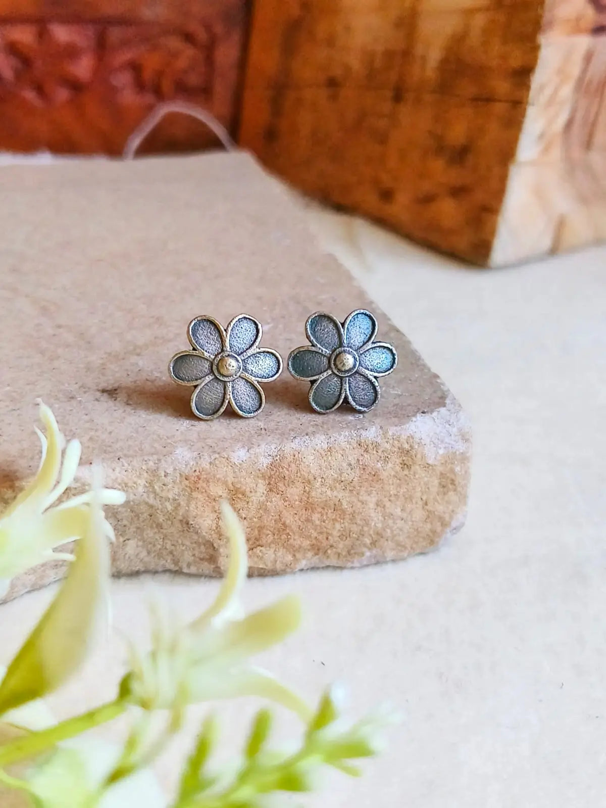 Silver Look-Alike Oxidized Floral Stud Earrings for Casual Elegance | AMOLA