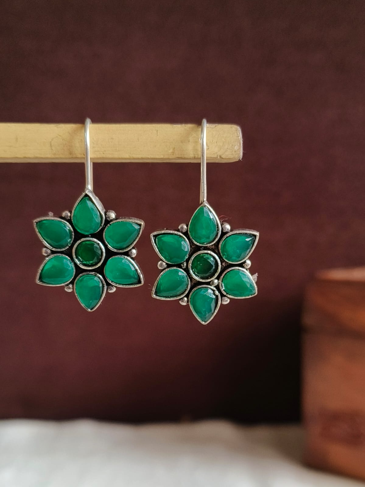 Oxidised Floral Hook Earrings with Multi-Color Stones | AMOLA