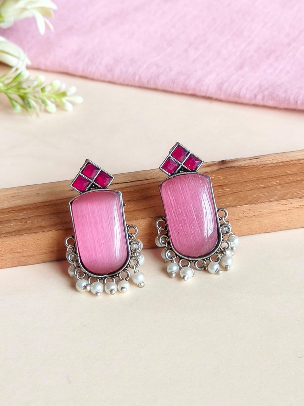 German Silver Monalisa Stud Earrings with Pearl Drops Elegance | AMOLA