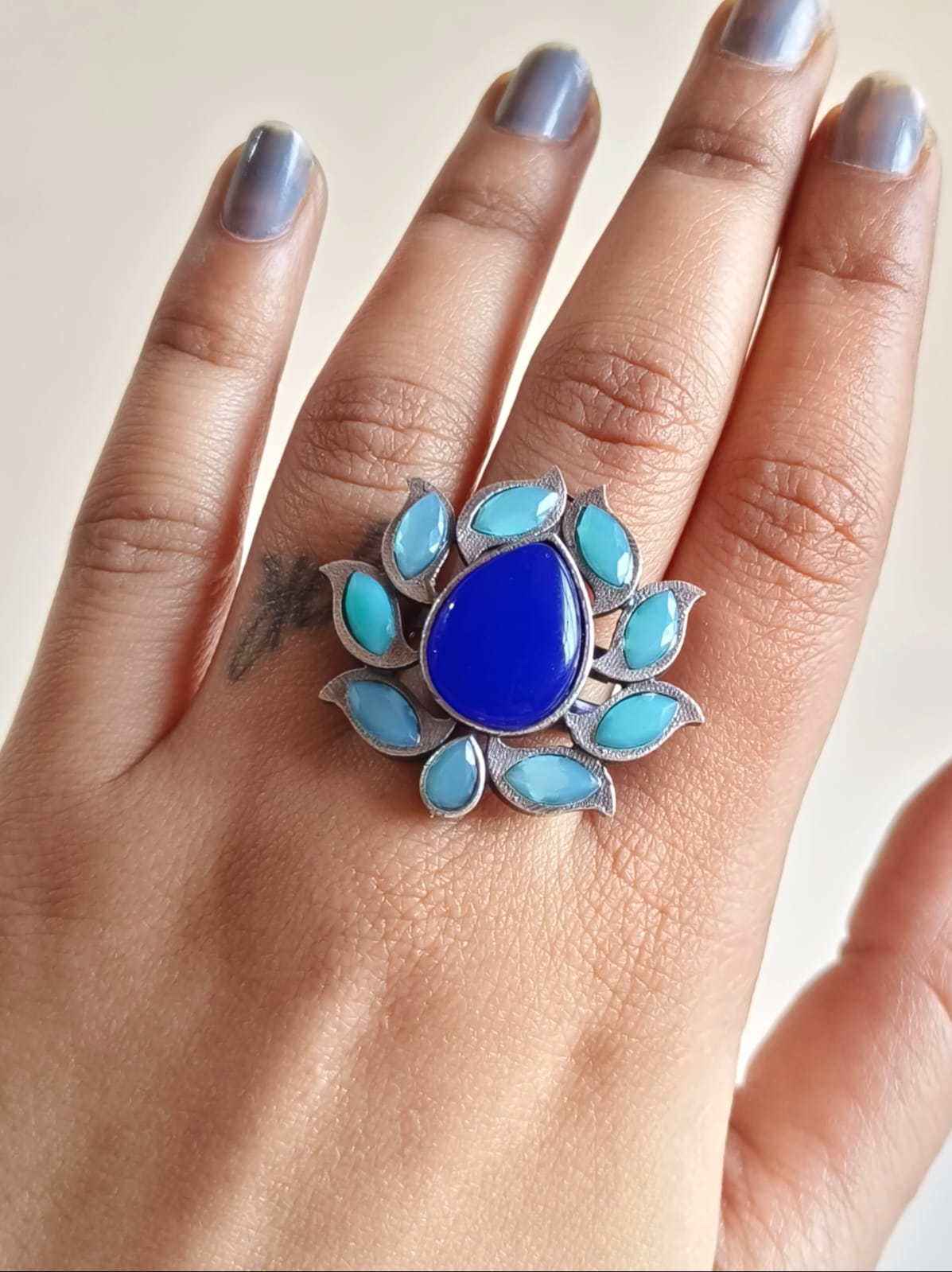 Stone Stud Lotus Oxidised Rings | AMOLA