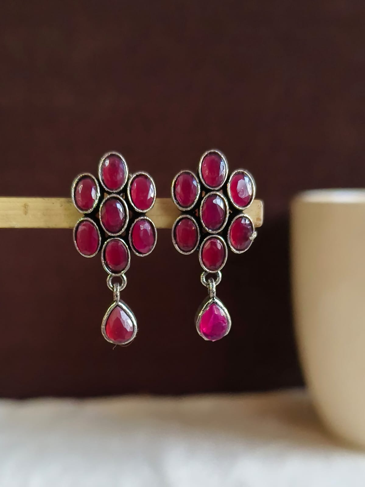 Oxidized Silver Oval Gemstone Stud Earrings | AMOLA