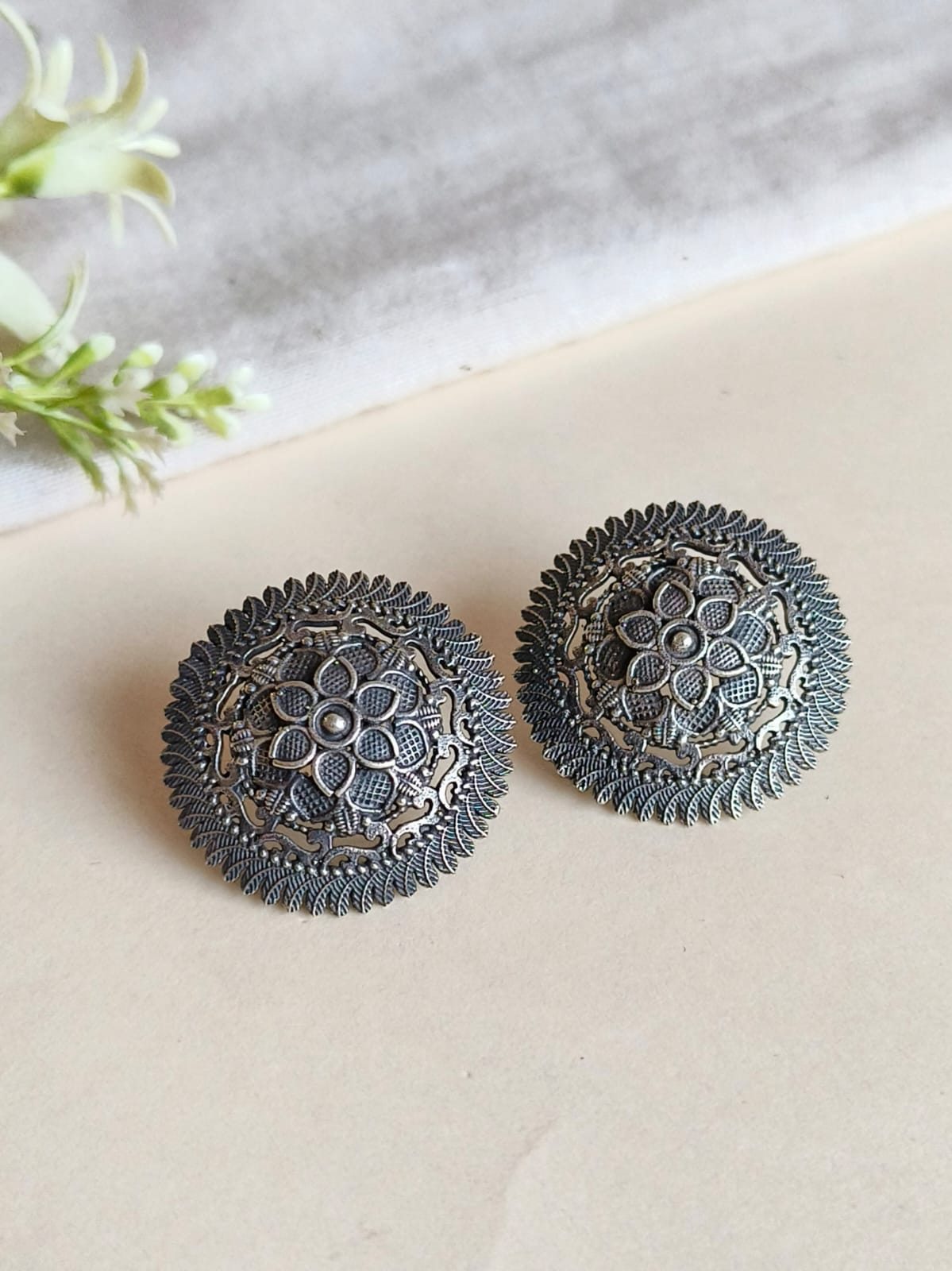 Silver Oxidized Floral Round Stud Earrings | AMOLA