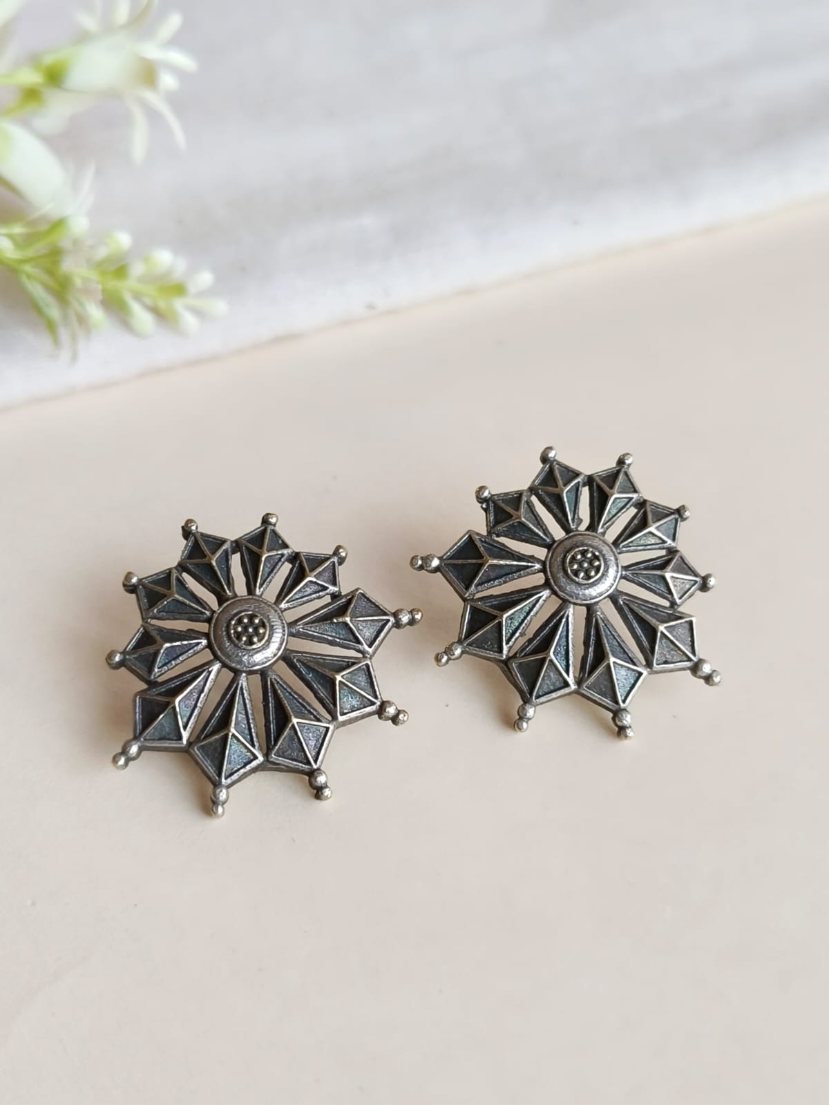 Silver Oxidised Floral Stud Earrings | AMOLA