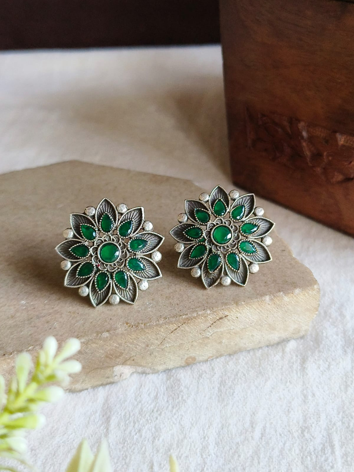 Oxidised silver Stone Floral Stud Earrings | AMOLA