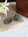Oxidised silver Stone Floral Stud Earrings | AMOLA