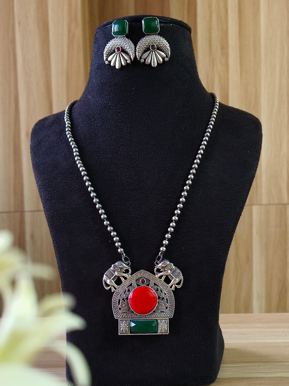 Oxidized Silver Elephant Statement Necklace Set | AMOLA