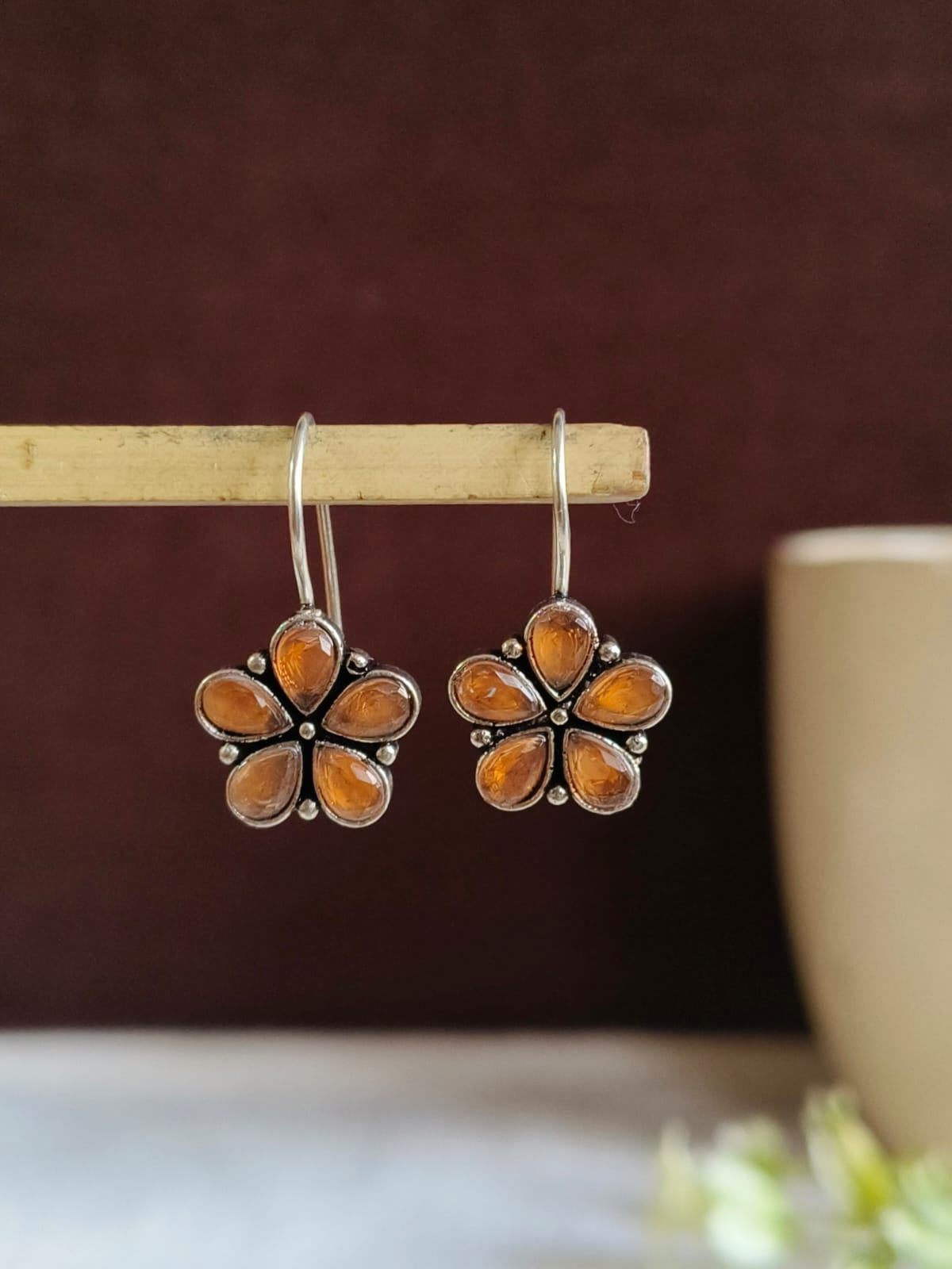 Oxidized Floral Drop Hook Earrings | AMOLA