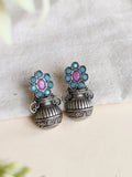 Oxidized Silver Pot Stud Earrings with Stones | AMOLA