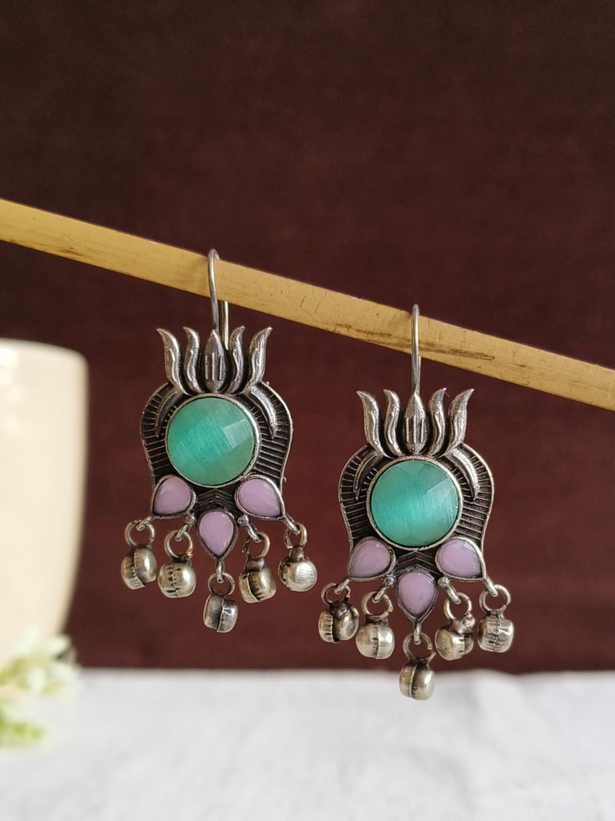 Lotus Oxidised Hook Earrings | AMOLA