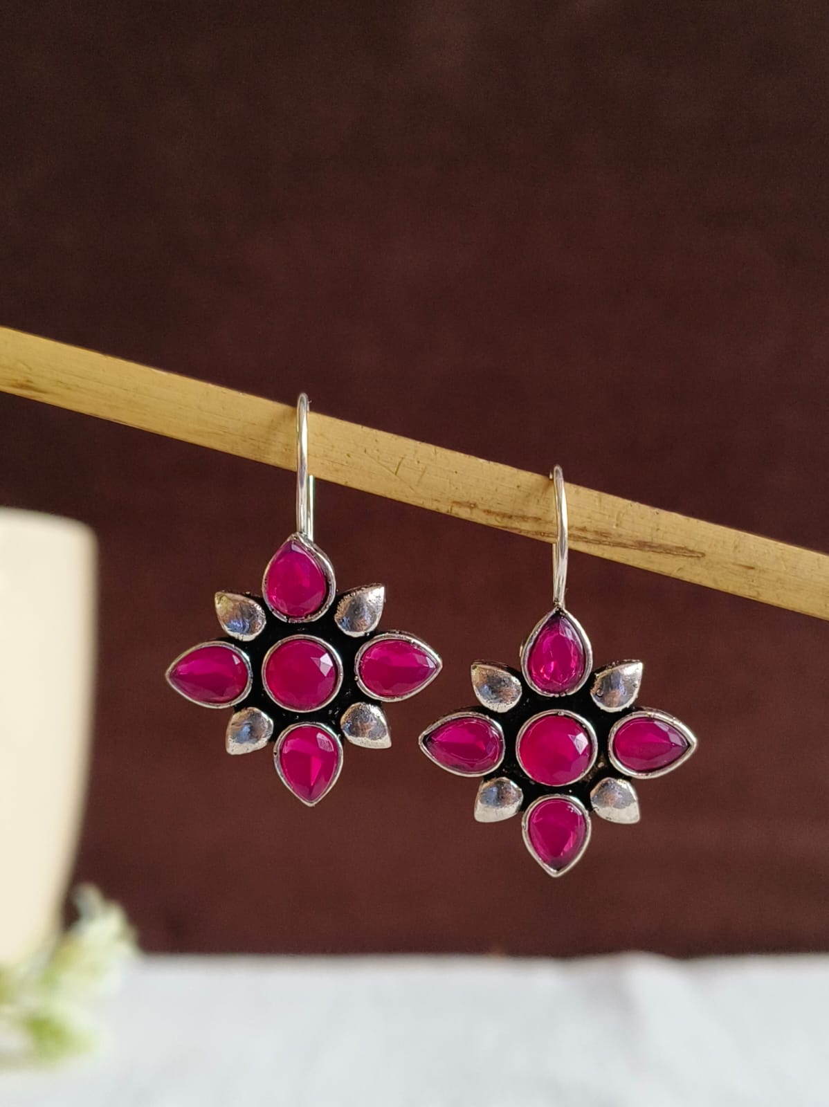 Floral Replica Stone Oxidized Hook Earrings | AMOLA