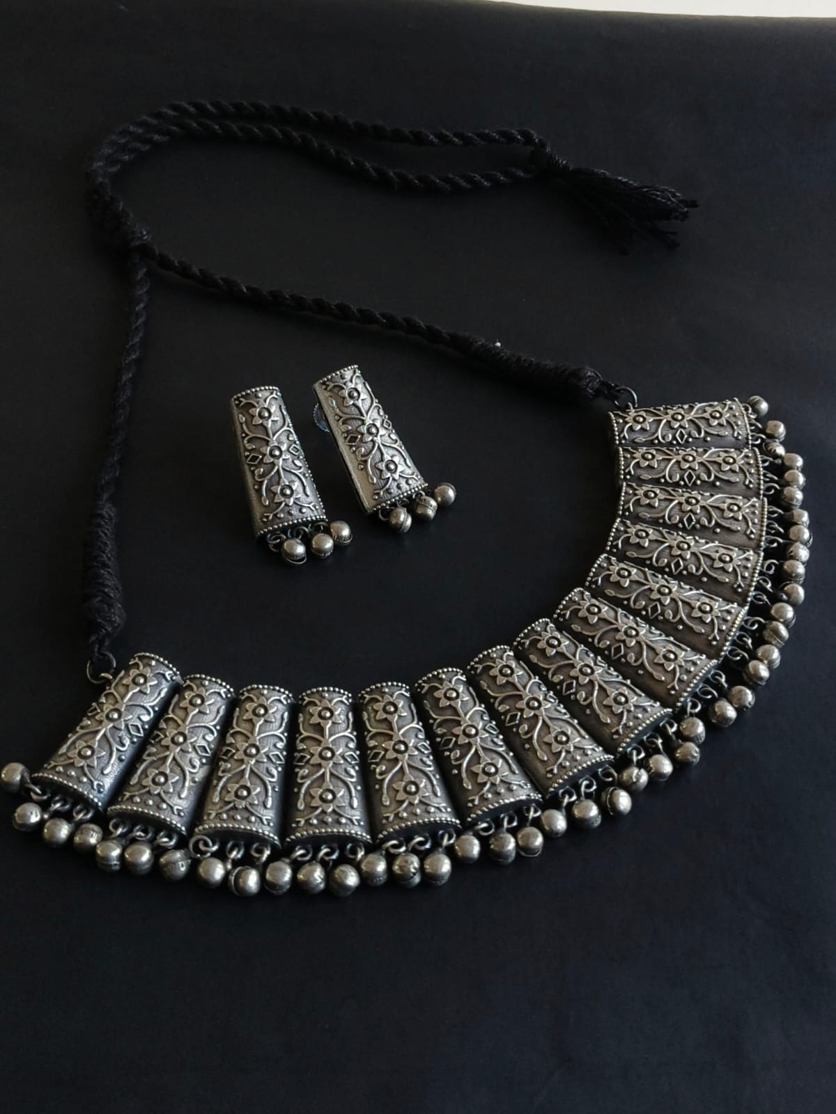 Traditional Oxidised Silver Replica Necklace Set for Navratri & Garba | AMOLA