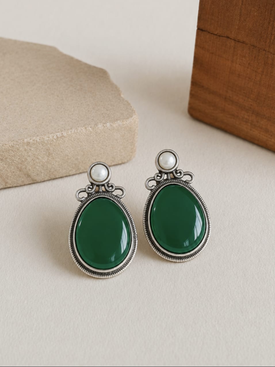 Elegant Oxidised Oval Monalisa Stud Earrings with Silver Polish | AMOLA