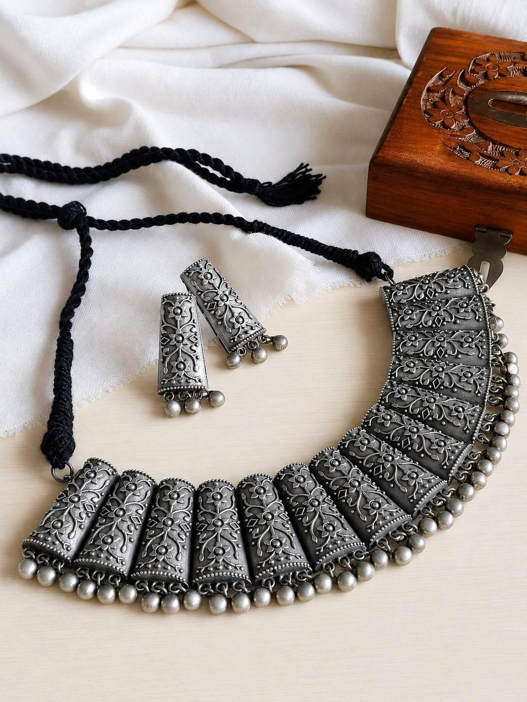 Traditional Oxidised Silver Replica Necklace Set for Navratri & Garba | AMOLA