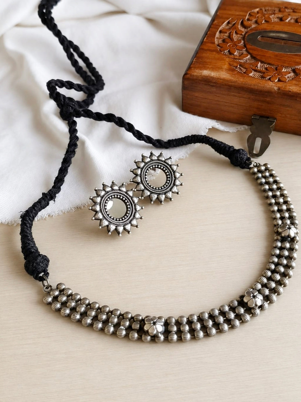 Oxidised Silver Sparkle Choker Set with Studs | AMOLA