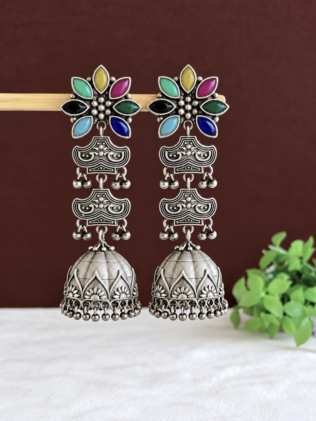 Elegant Silver Look-Alike Jhumka Earrings | AMOLA